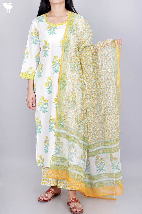 Cotton Kurta Pant Set With Kota Dupatta In Floral Block Print
